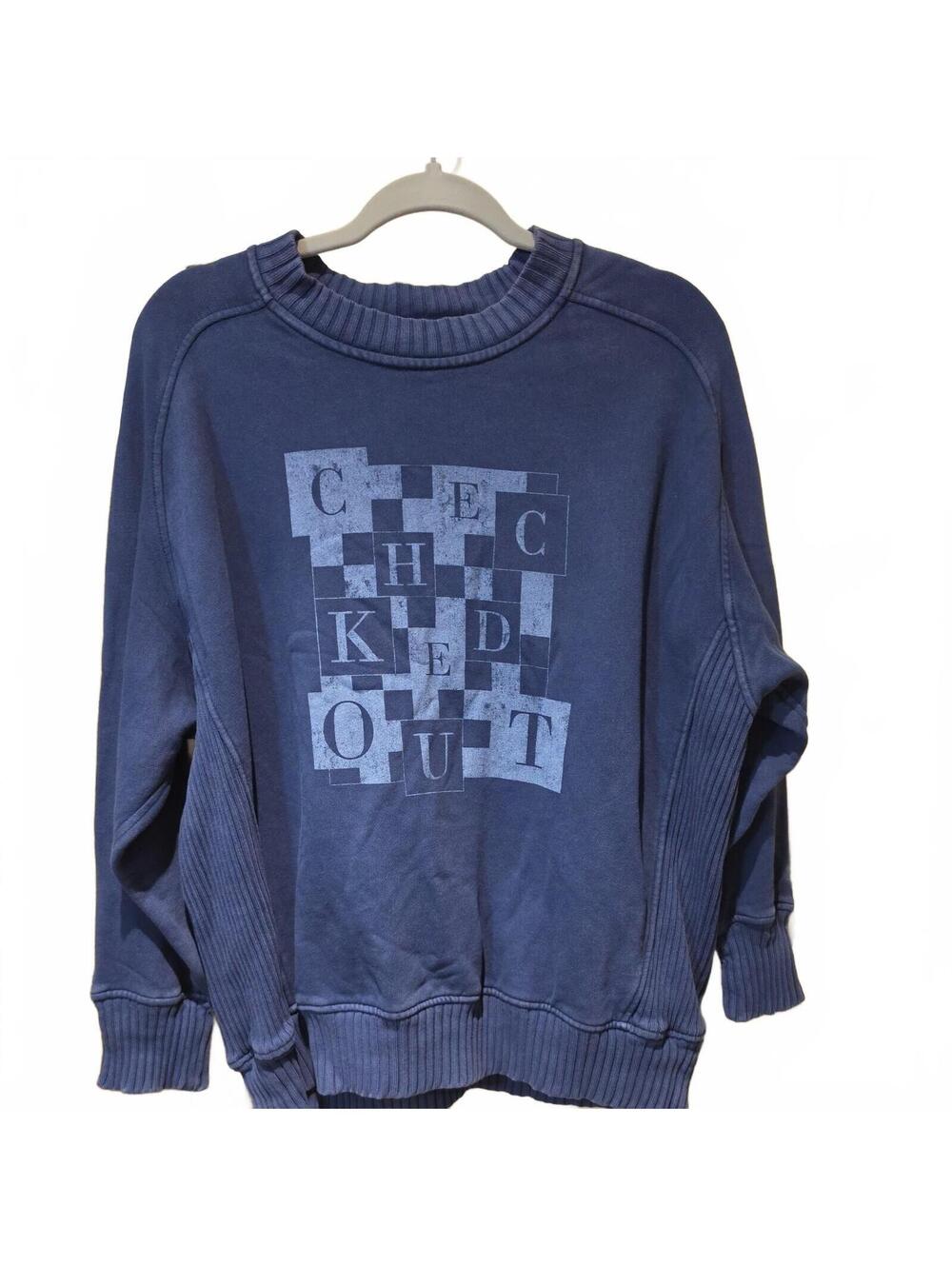 AERIE Crewneck Sweatshirt “Checked Out”Faded Blue Ribbed Oversized XS Down2earth